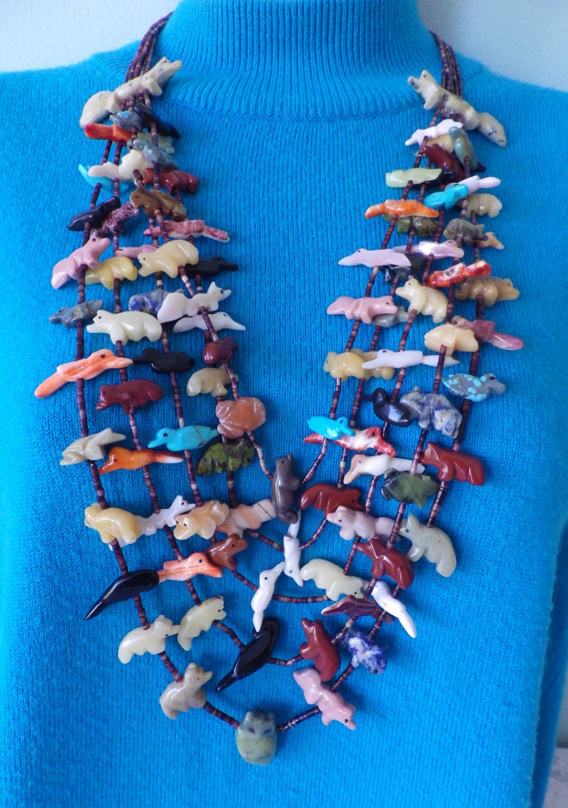 Neil Thomas ethnic 5 strand fetish necklace sterling vtg carved animal heishi