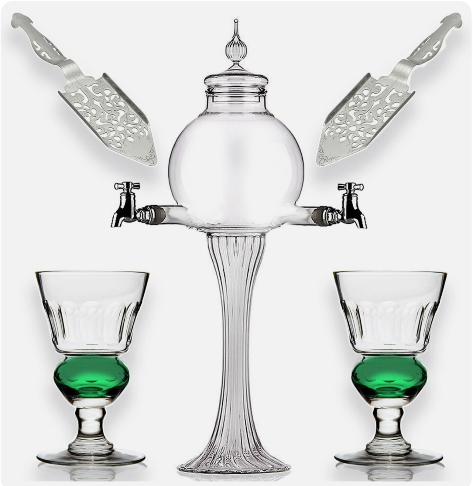 Absinthe Set – Glass Fountain Dripper with 2 Spouts 2 Spoons and 2 Glasses – NEW