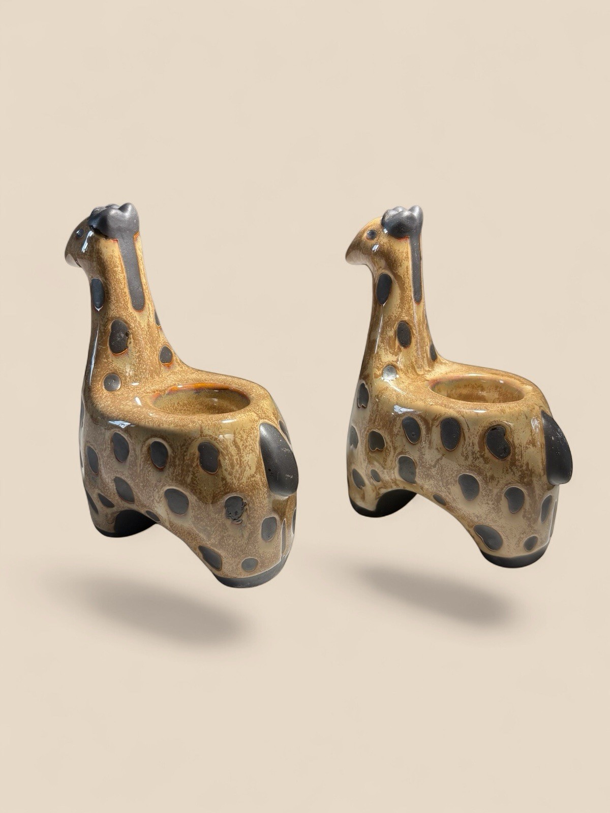 2 Giraffe Tea light Candle Holders Ceramic 4 3/4” W x 6 3/4” H x 3 1/4” L