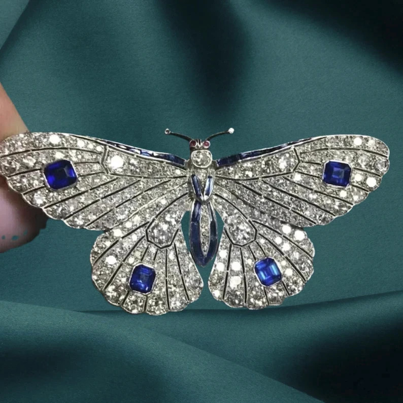 Blue Sapphire Butterfly Women Brooch Pin with Ruby & Diamond 14K White Gold Over