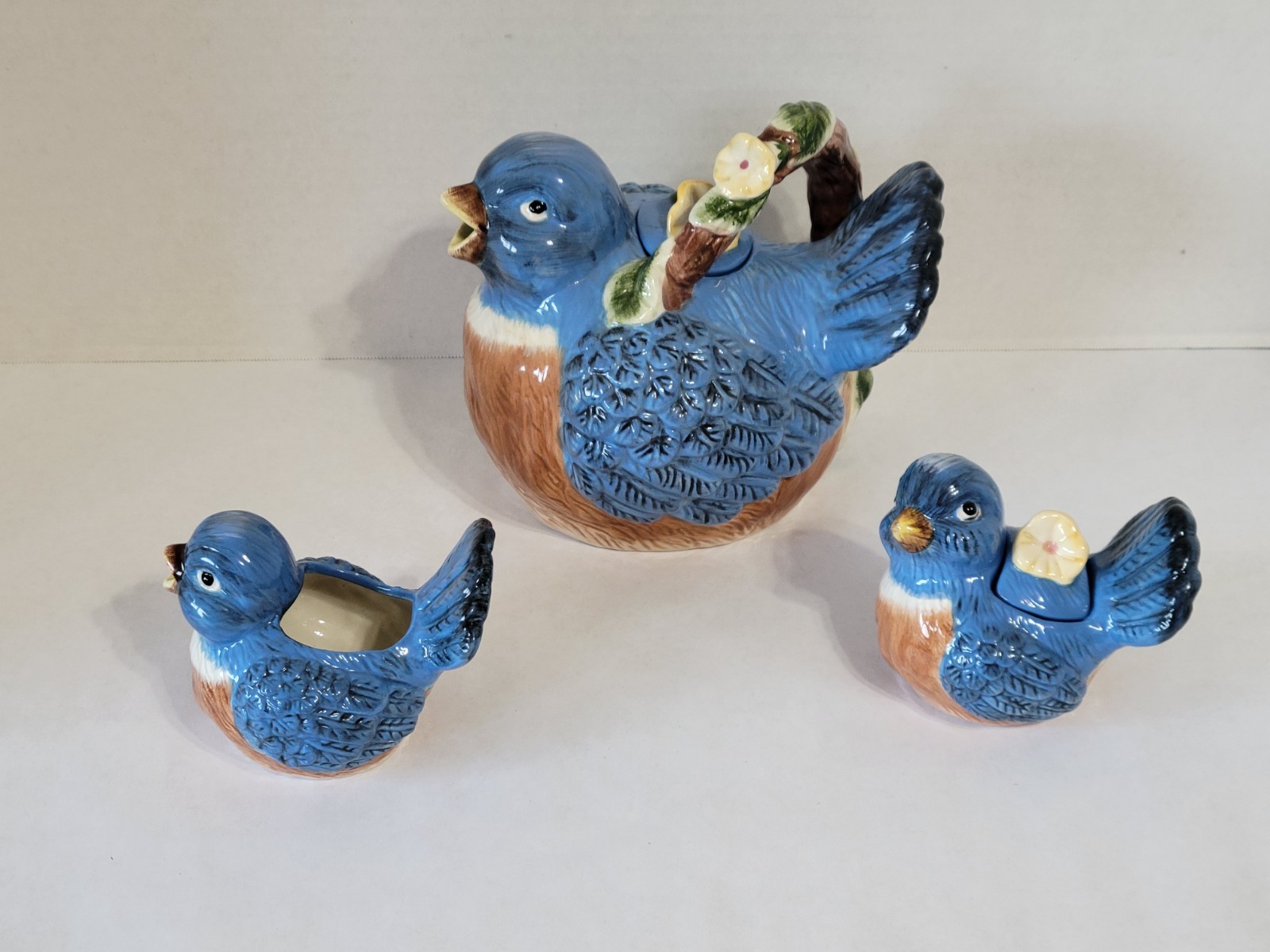 Vintage Blue Bird Ceramic Teapot with Creamer & Sugar Bowl Set