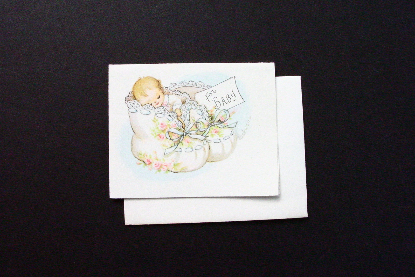 1 VTG Unused Eve Rockwell New Baby Greeting Gift Card Baby Sleeping in Booties