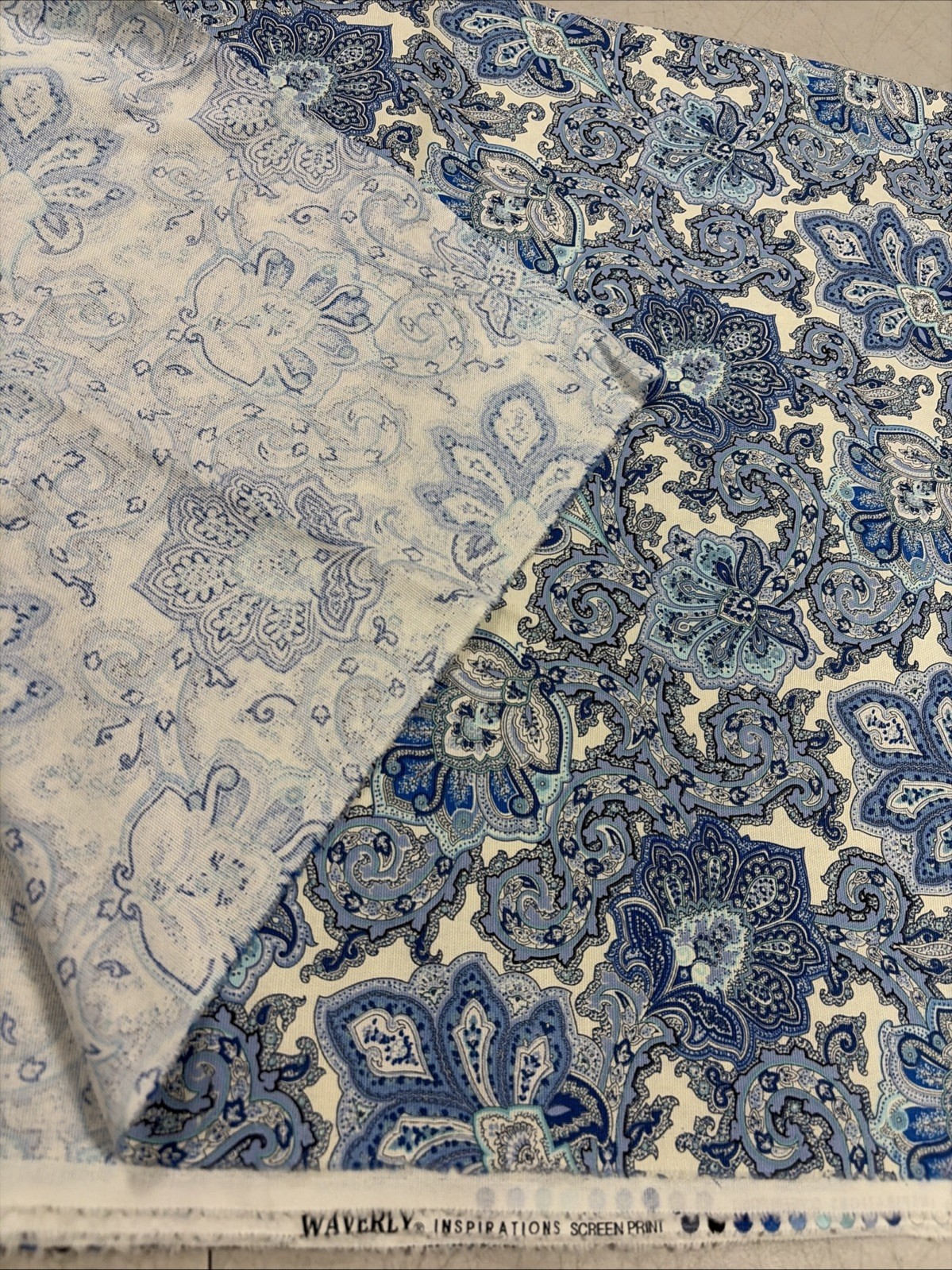 Waverly Inspirations Screen Print Fabric White/Blue Paisley 4 Yds 2″ 46″ W New