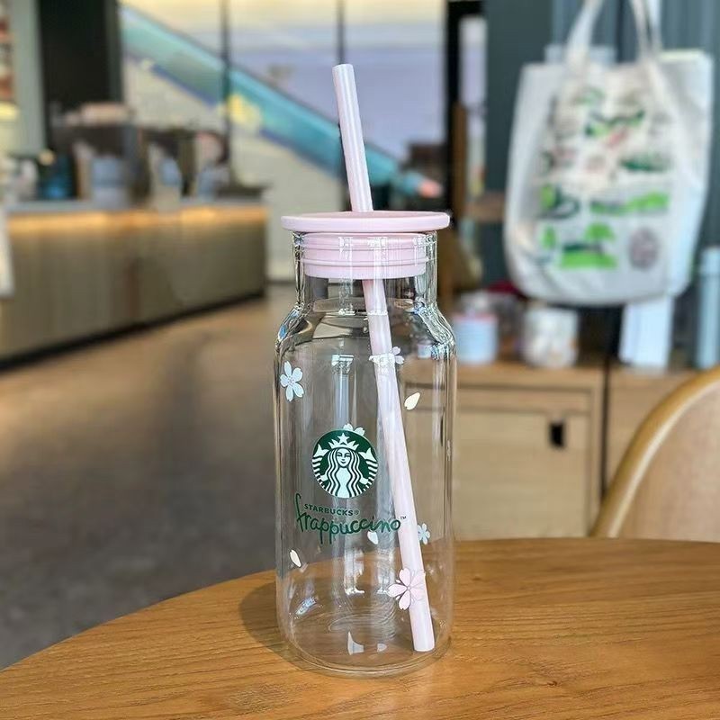 17oz Starbucks Cherry Blossom Glass Coffee Cup Complete w/ Reusable Straw