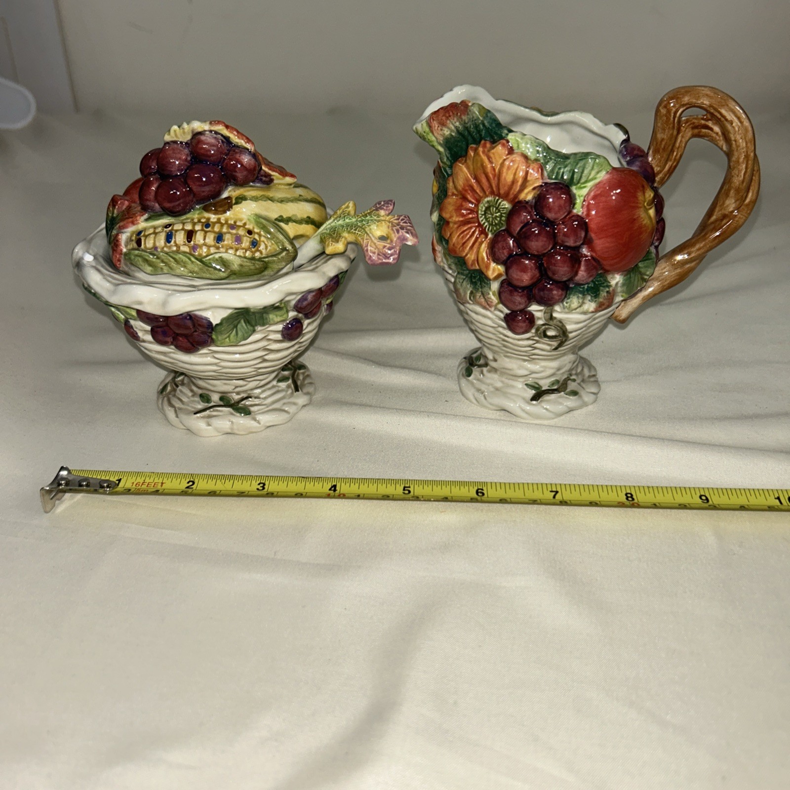 FITZ & FLOYD HARVEST HERITAGE CERAMIC CREAMER, SUGAR DISH WITH LID & SPOON