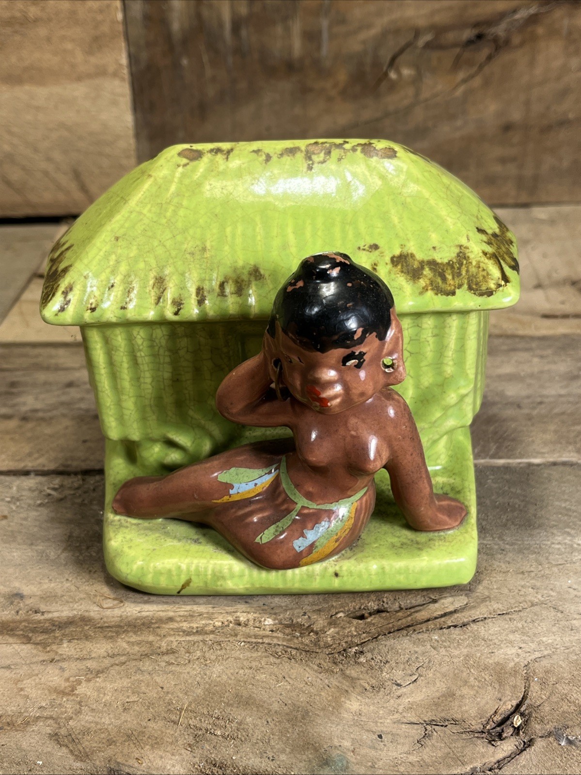 Vintage Woman Girl Bamboo Hut Ceramic Planter Hollywood Ceramics California PIA