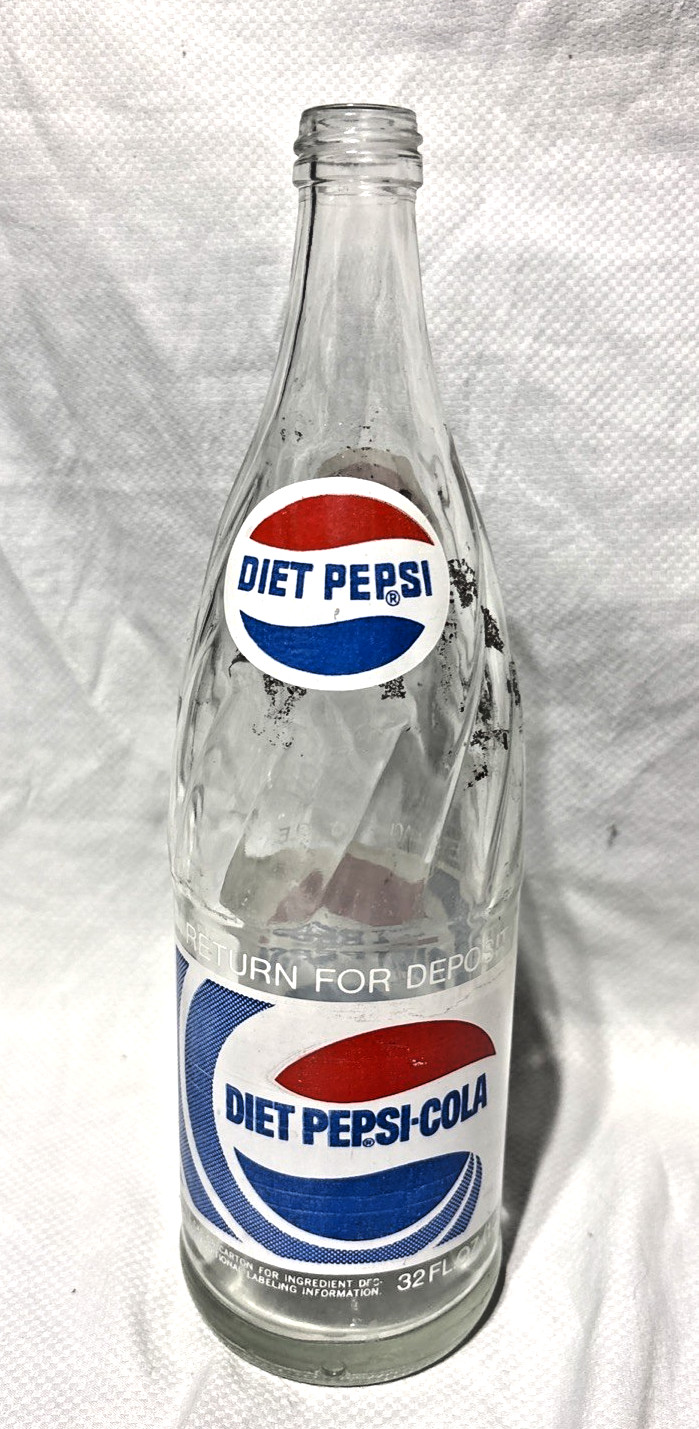 Vintage Diet Pepsi Cola ACL Return Deposit Money Back 32 oz Glass Bottle