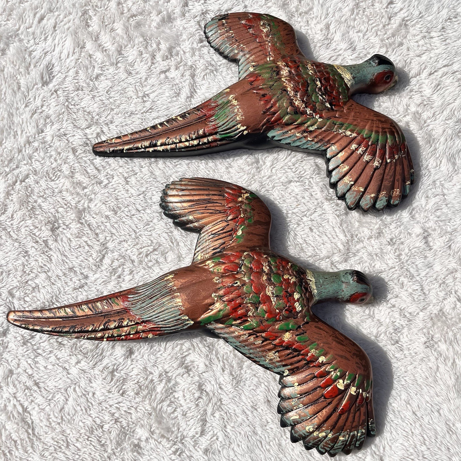 Vintage 1959 Chalkware Flying Pheasants Set of 2 Miller Studio Bronze Metallic