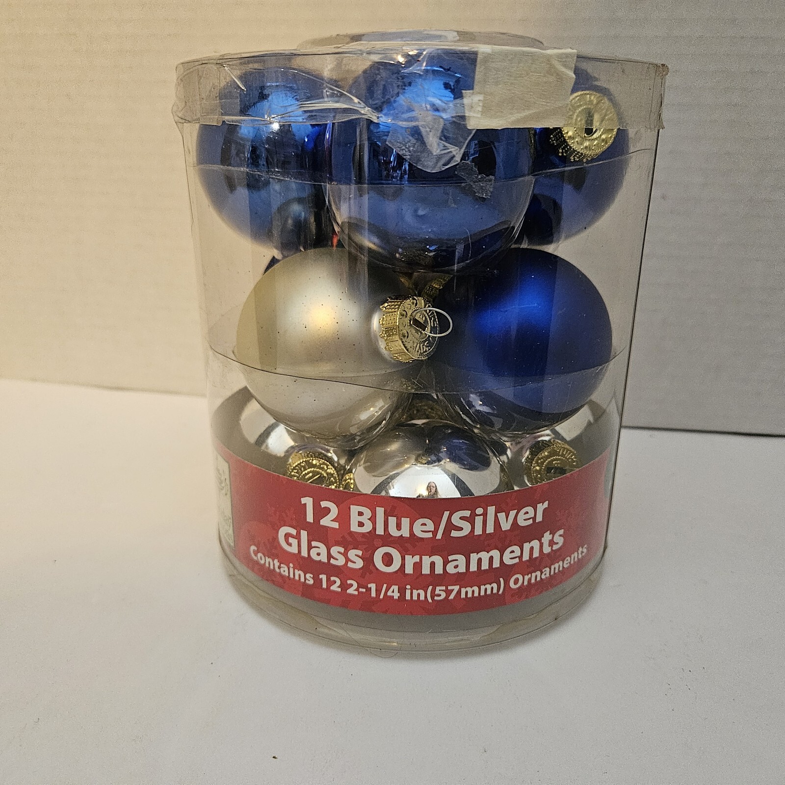 12 Shiny/Satin Silver Blue 2.25″ Christmas Glass Ball Ornaments Cylinder