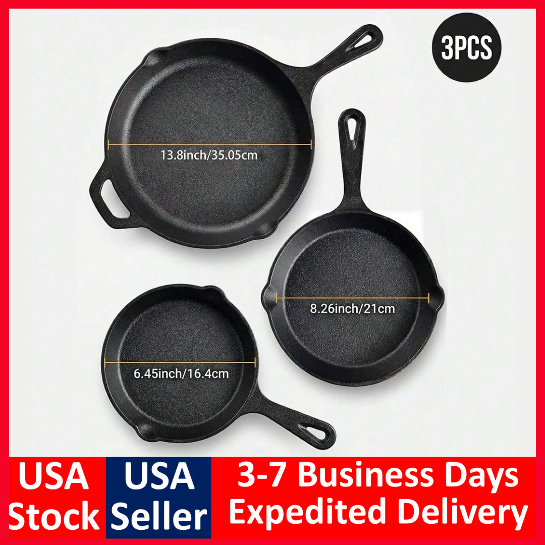 6″ 8″ 14″ Seasoned Cast Iron Skillet 3 Piece Set Frying Pan Cooking Pan Cookware
