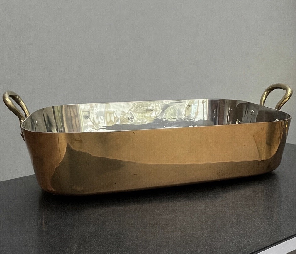 Vintage copper Rectangular ￼ roasting pan Solid brass handles 10.75 X 15” Korea