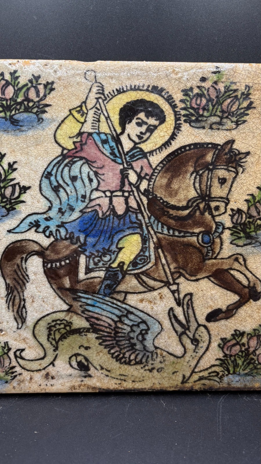 Armenian Hand Painted Ceramic Tile – St. George Dragon 22×22 cm Vintage