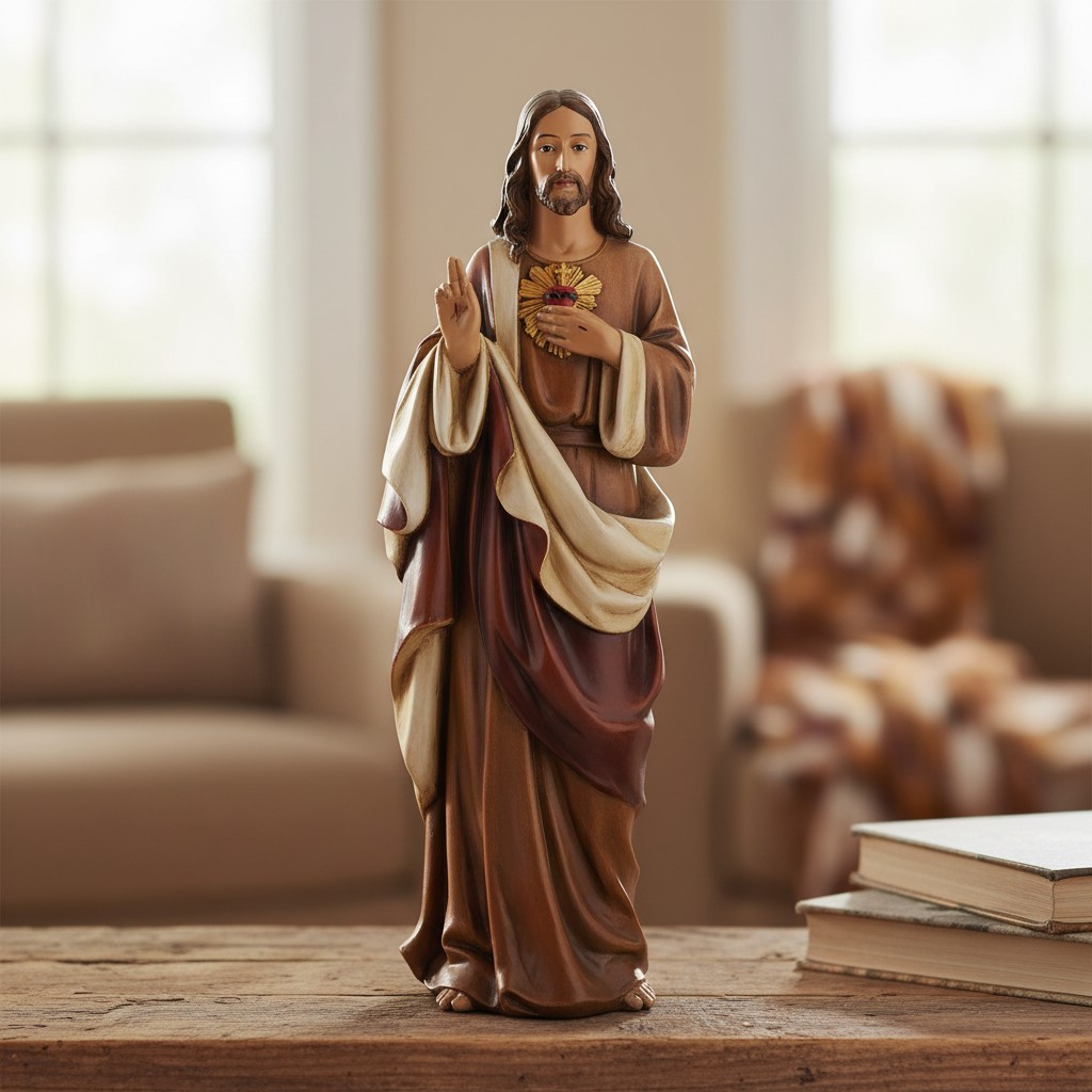 Intricate Sacred Heart of Jesus Devotional Statue in Glossy Finish – 18″ High