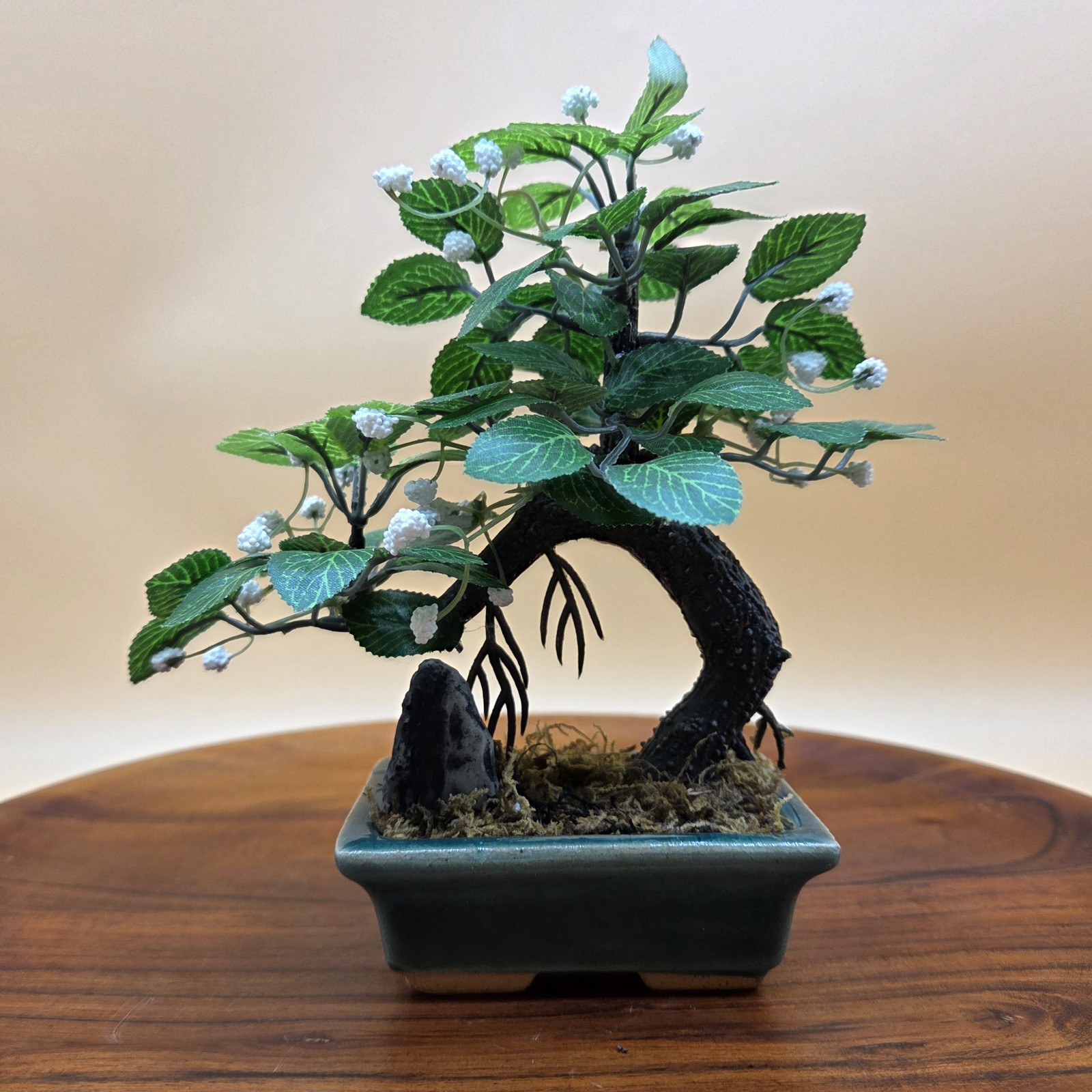 Vtg Artificial Flowering Tree Miniature Bonsai In Green Pot With Rock Decoration