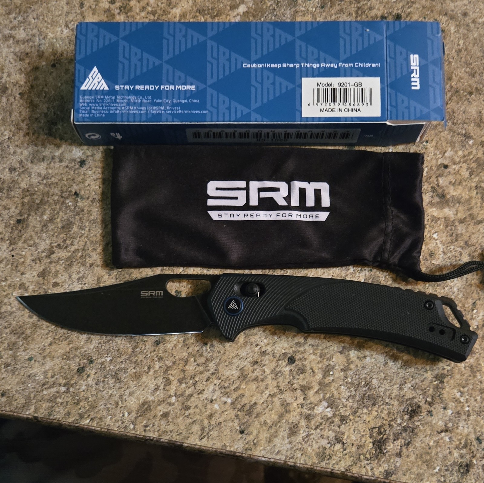 SRM 9201-GB Pocketknife Black G10 Handle Stainless Drop Point Plain Button Lock
