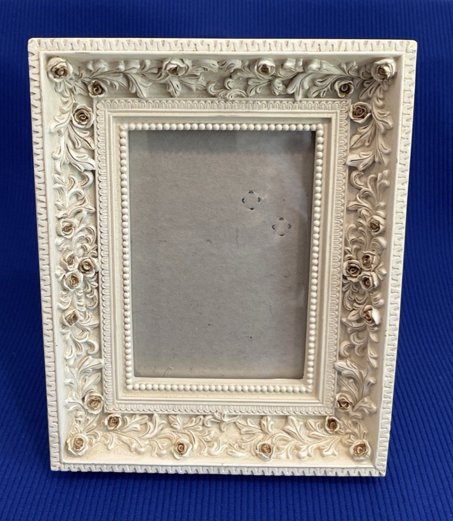 Vtg Style Baroque Picture Frame ivory ROSE embossed design (3 X 4 1/2 photo) 6X7