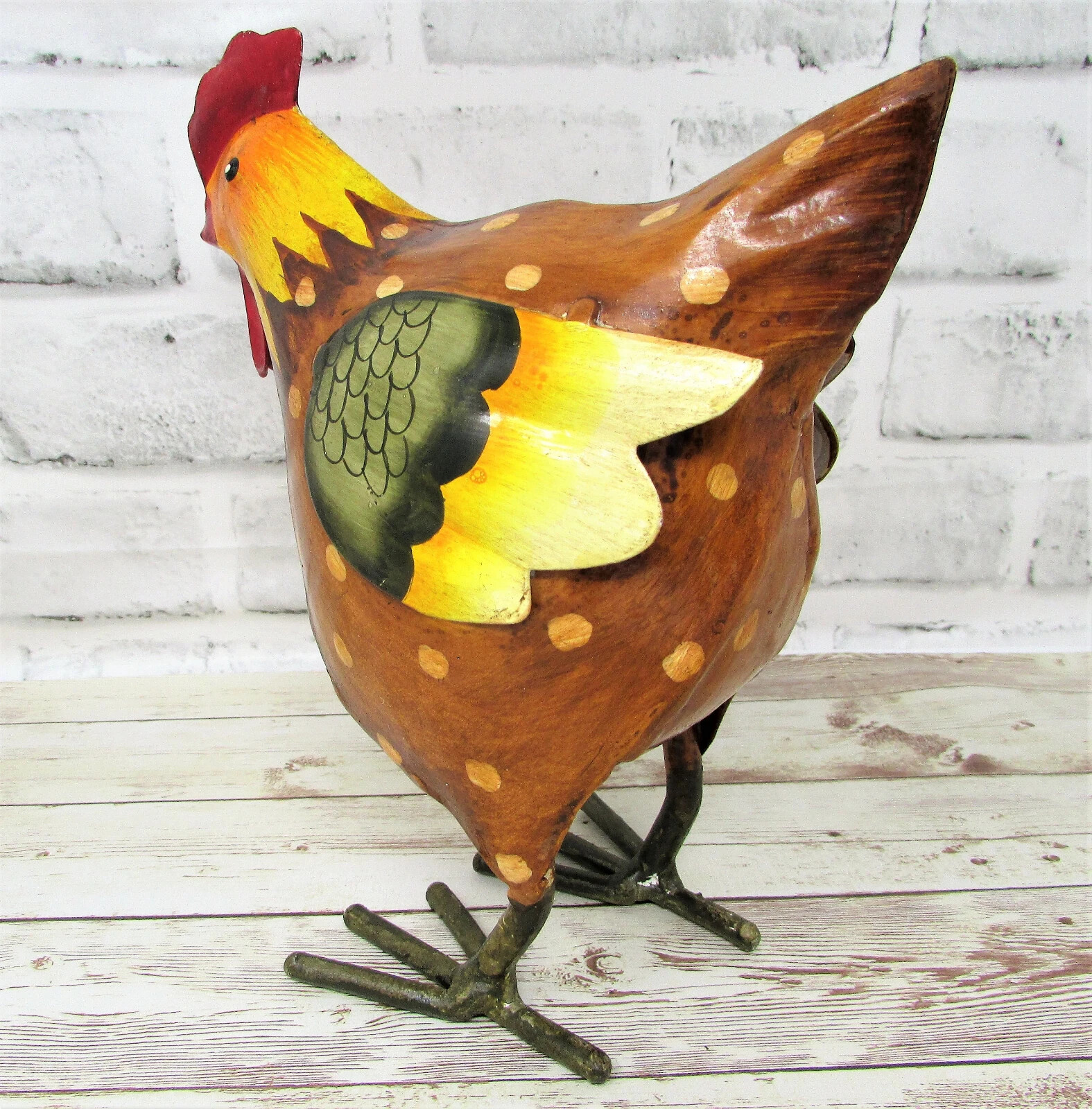 Rustic Small Folk Art Style Painted Metal Chicken Hen Rooster Statue Farm Cabin