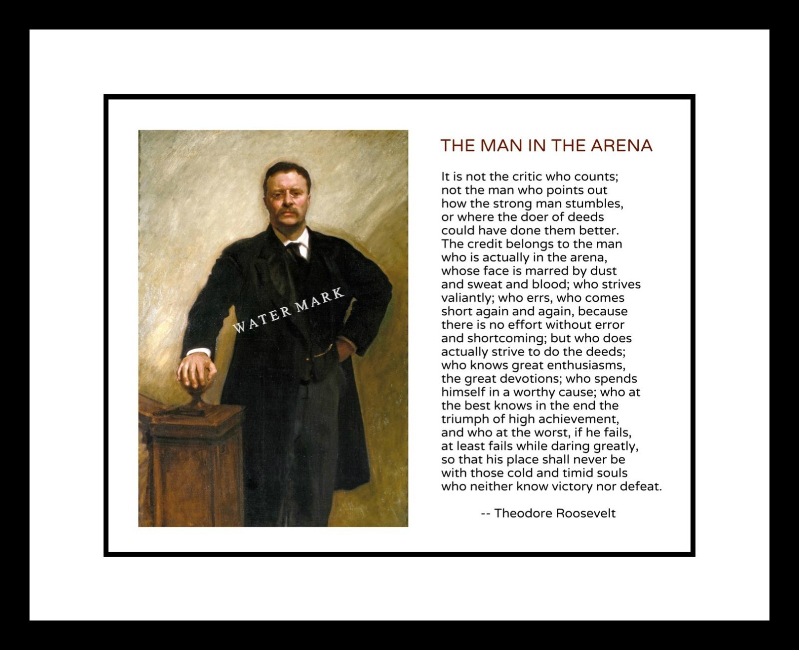 President Theodore Roosevelt 8×10 Portrait Print Man In The Arena Quote TR Teddy