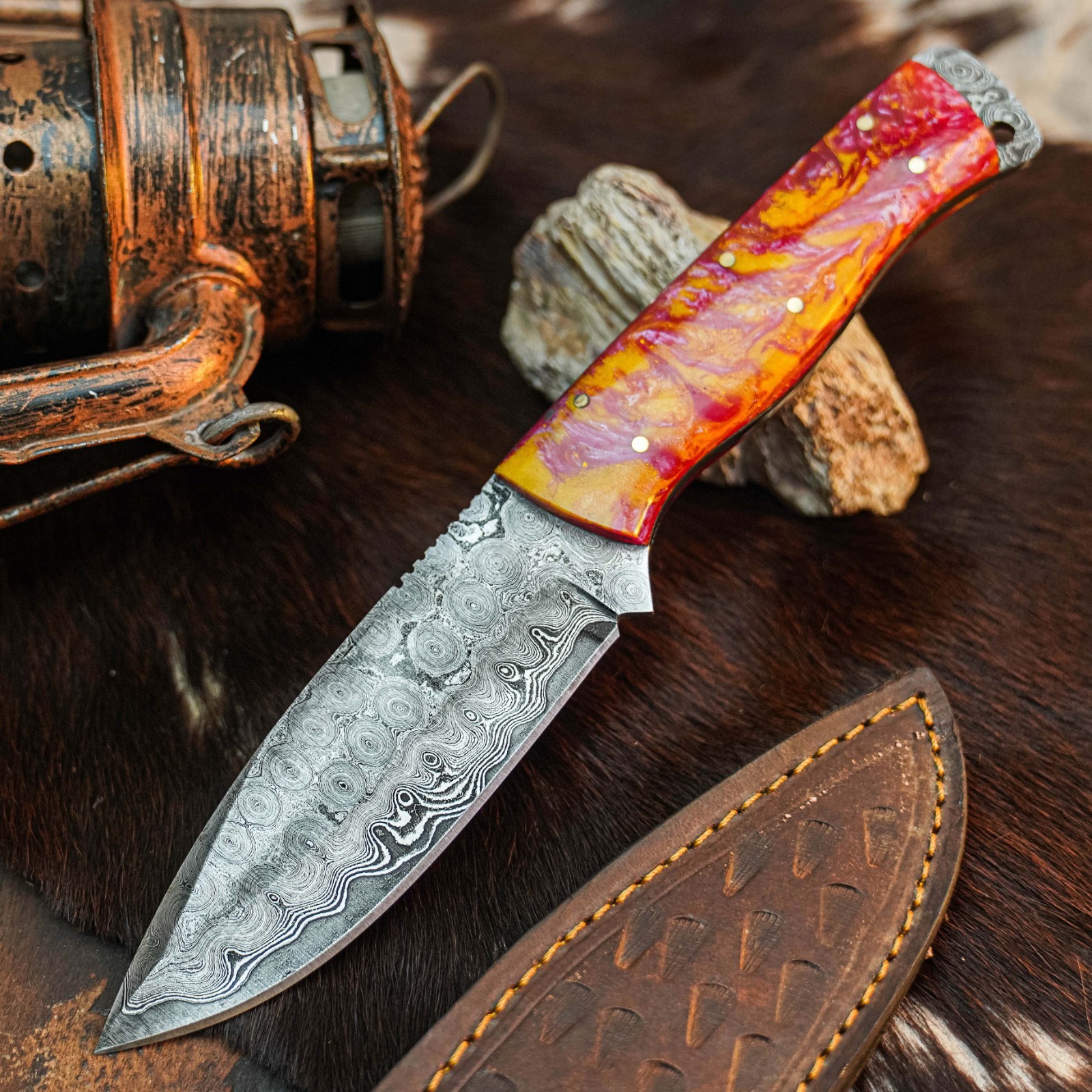 8.7″ Hunting EDC Damascus Knife Handmade Full Tang Resin Handle Leather Sheath