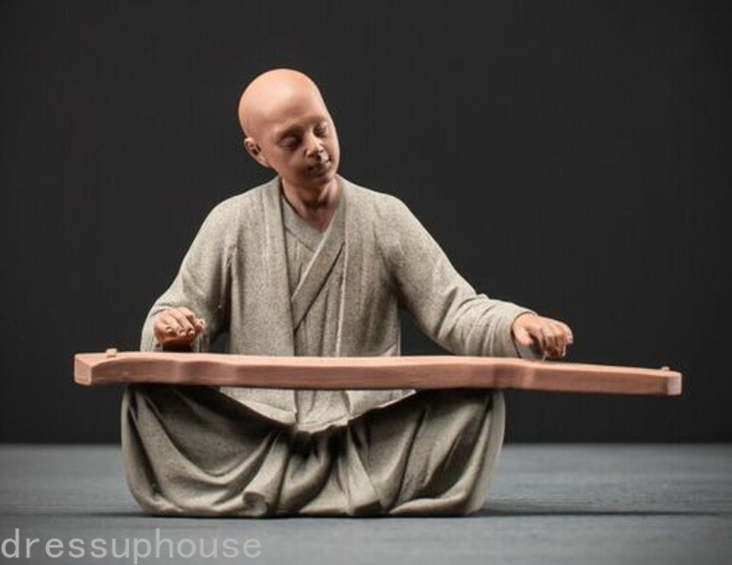 Chinese 6.5″in Monk Playing Zither Statue Buddhism Zen Figure Decor Porcelain