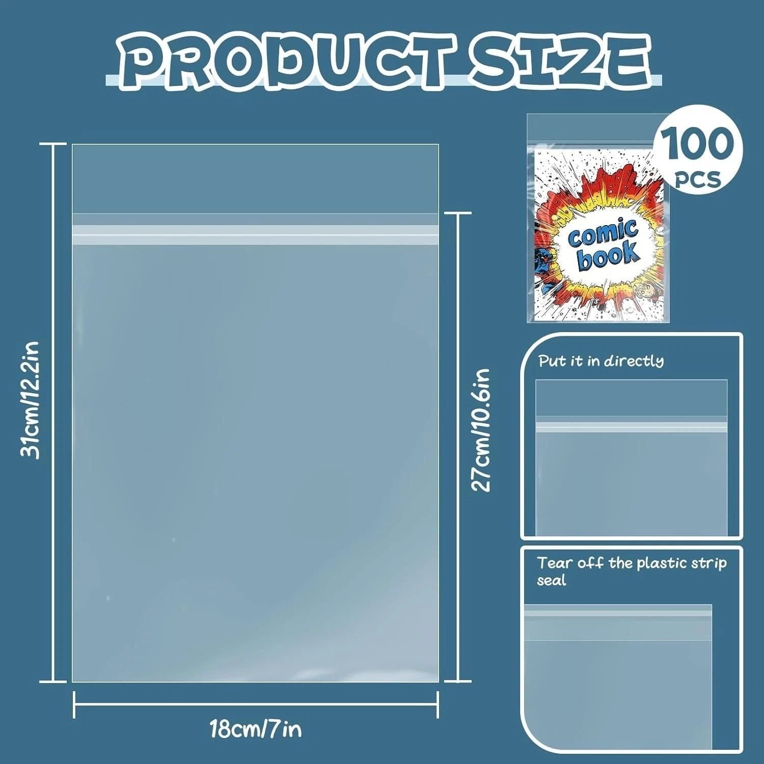 100 Pack Resealable Current Size Comic Book Bags , Plastic Comic Sleeves for CGC