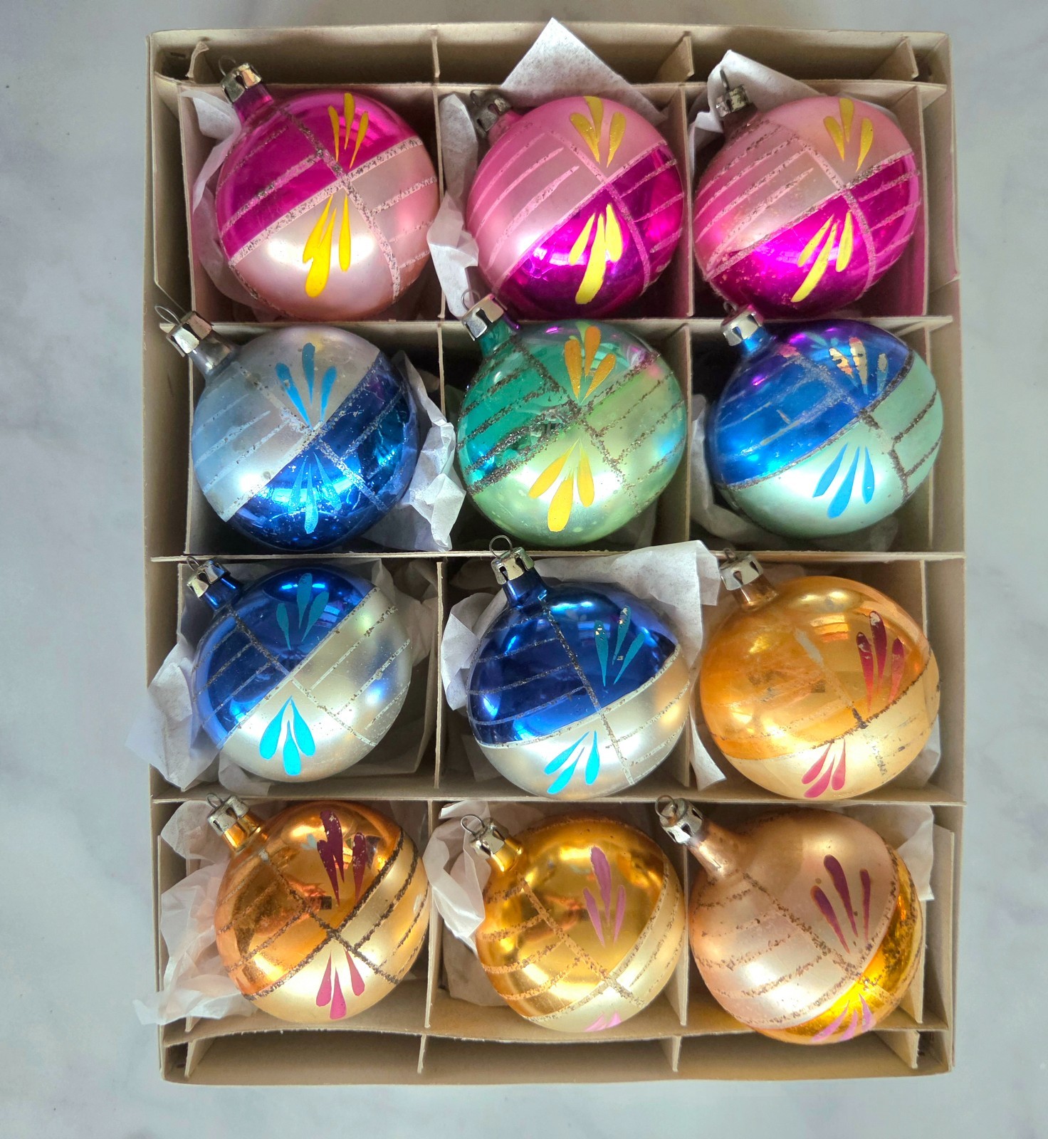 VTG 1950s Fantasia Christmas Ornaments Box 12 Mercury Glass Poland Striped MCM