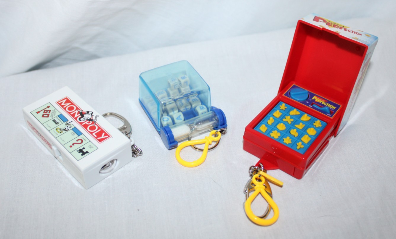3 Mini Board Game Keychains, Perfection, Boggle, Monopoly