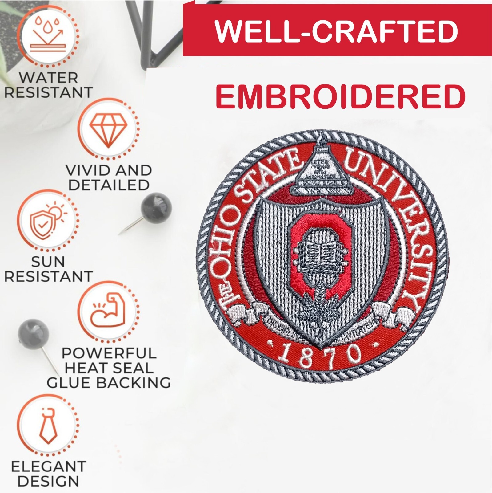 Ohio State University Logo Iron On Patch – Sew Patch – Embroidered Patch 4″x4″
