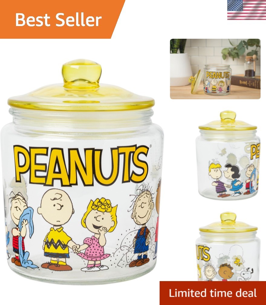 Delightful 6″ Glass Candy Jar Featuring Snoopy, Lucy & Friends – Hand Wash Only