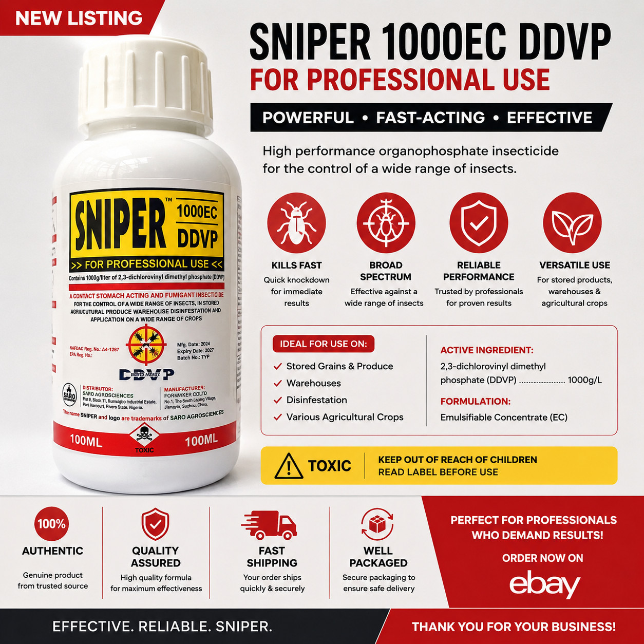 Sniper 1000EC DDVP Insecticide 100ml Plastic Bottle for Insects