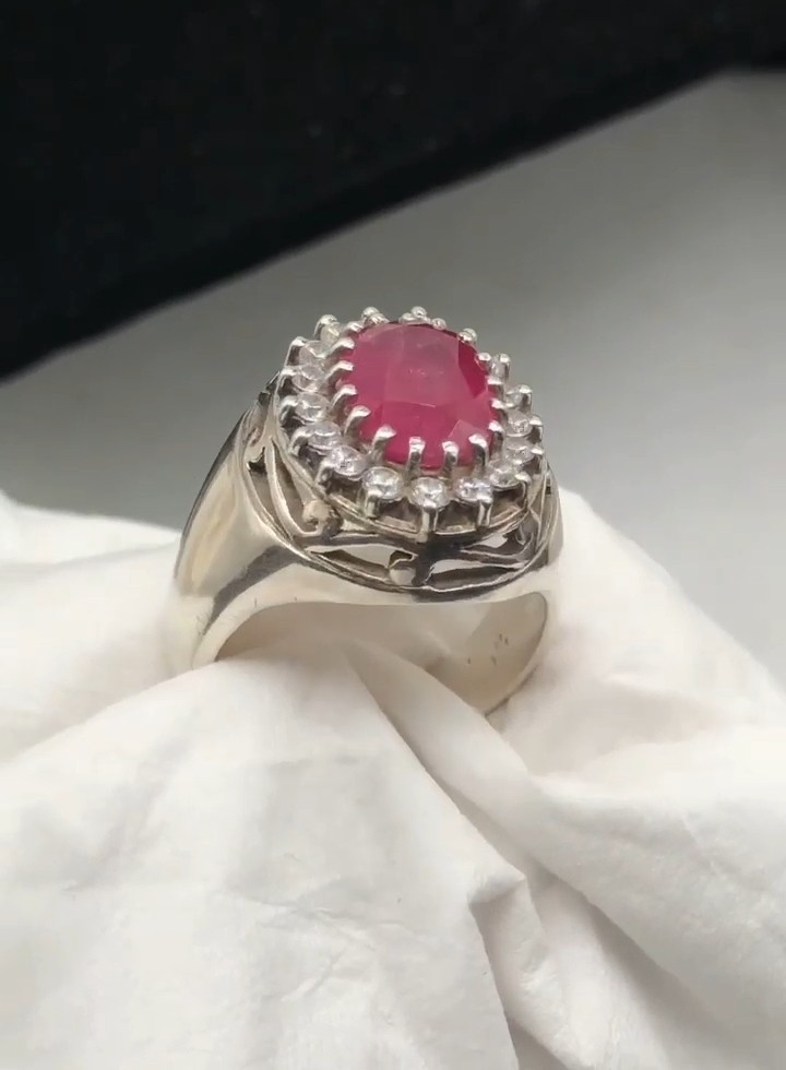 Natural 4+ Ct Ruby Ring 15.7 Gram 925 Sterling Silver CZ Halo Ring Size 10 Men’s