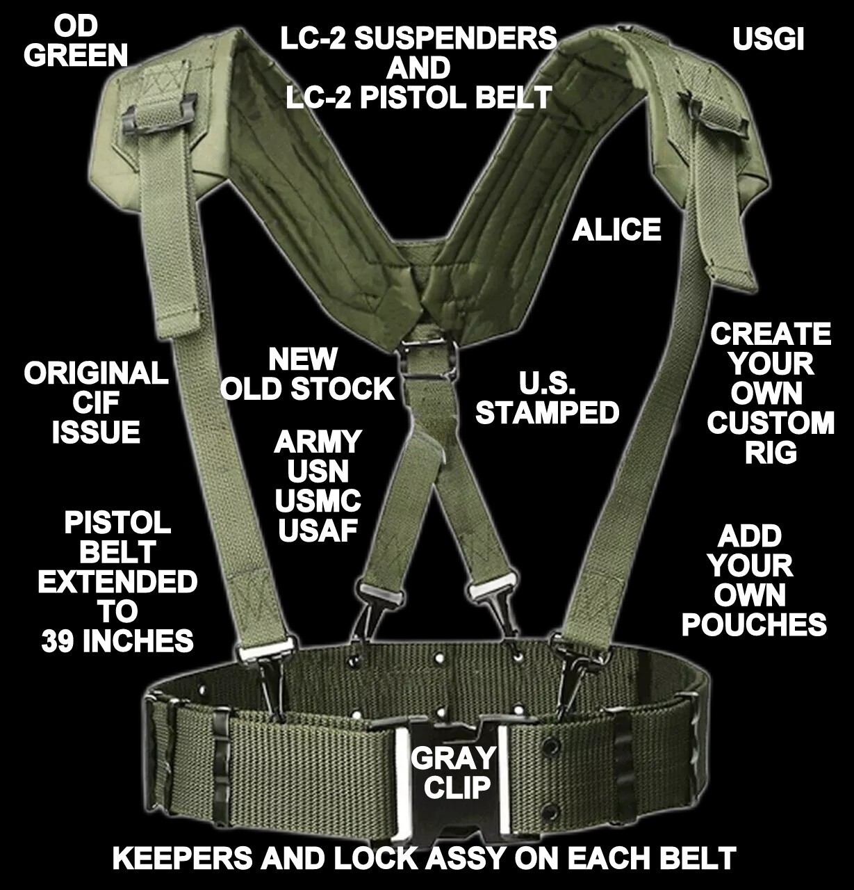 ORIGINAL USGI ALICE LBE IBE SUSPENDERS OD GREEN W/ PISTOL BELT LC-2 ASSEMBLY