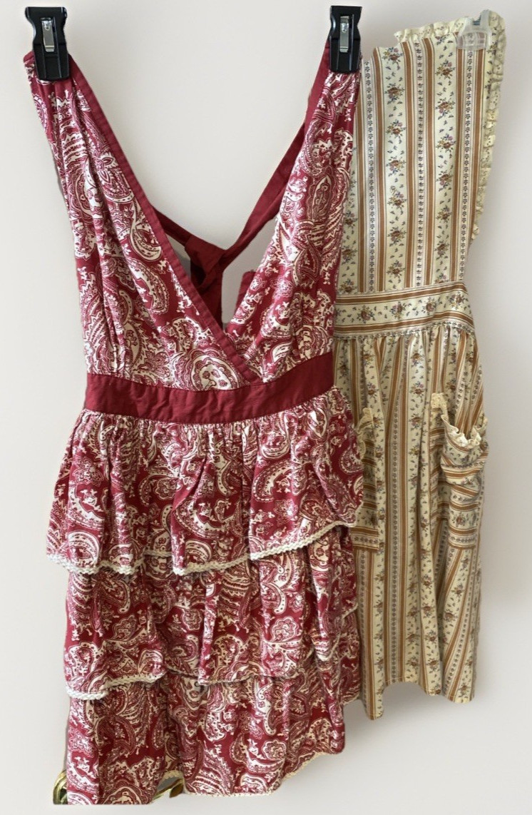 Vintage Two Full Bib APRONS Red White Paisley Envogue Brown Tan Floral Tie Back