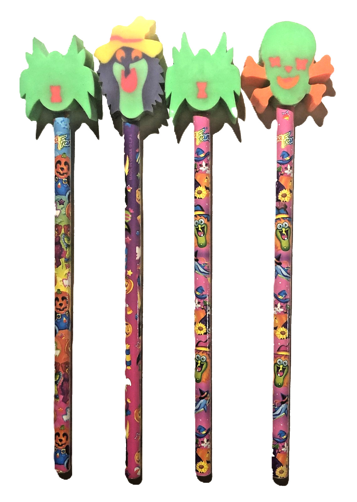 VTG Lisa Frank Halloween Pencils with/Erasers Ghost Scarecrow, Skull