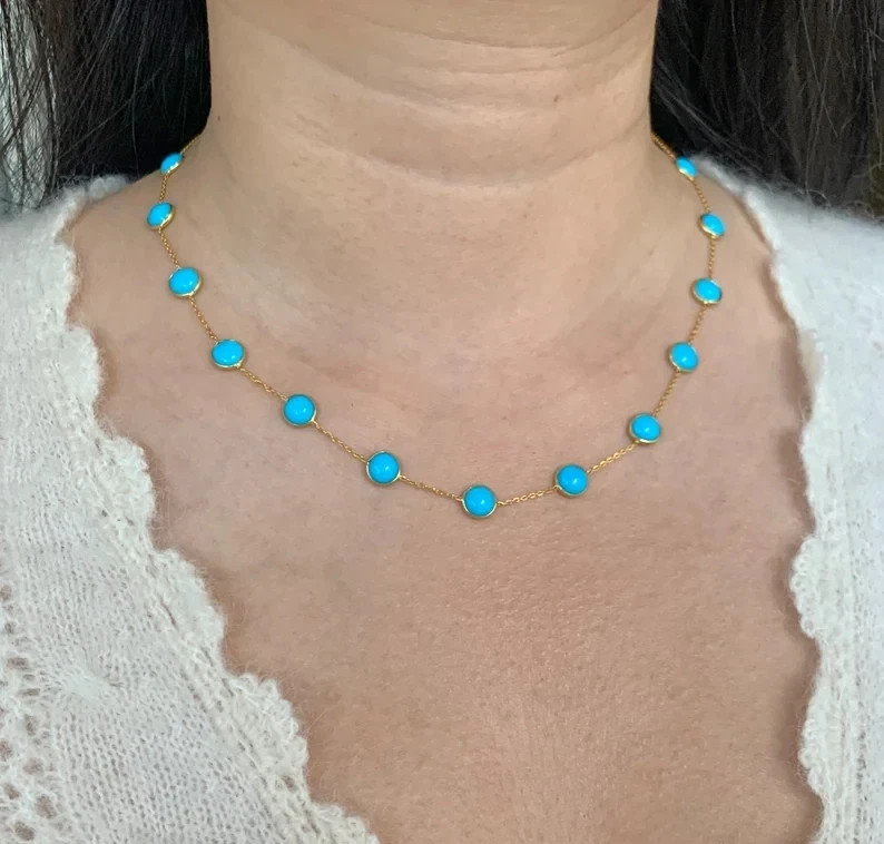 18K Yellow Gold Over Sleeping Beauty Turquoise 18″ Station Necklace With 7.8 mm