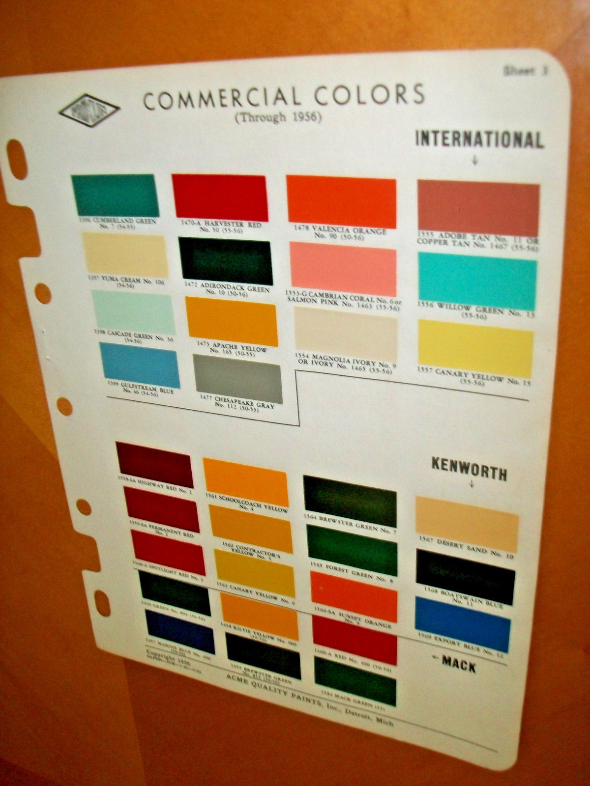 1956 IH International Mack Kenworth pickup panel truck Acme Paint Chips- VG