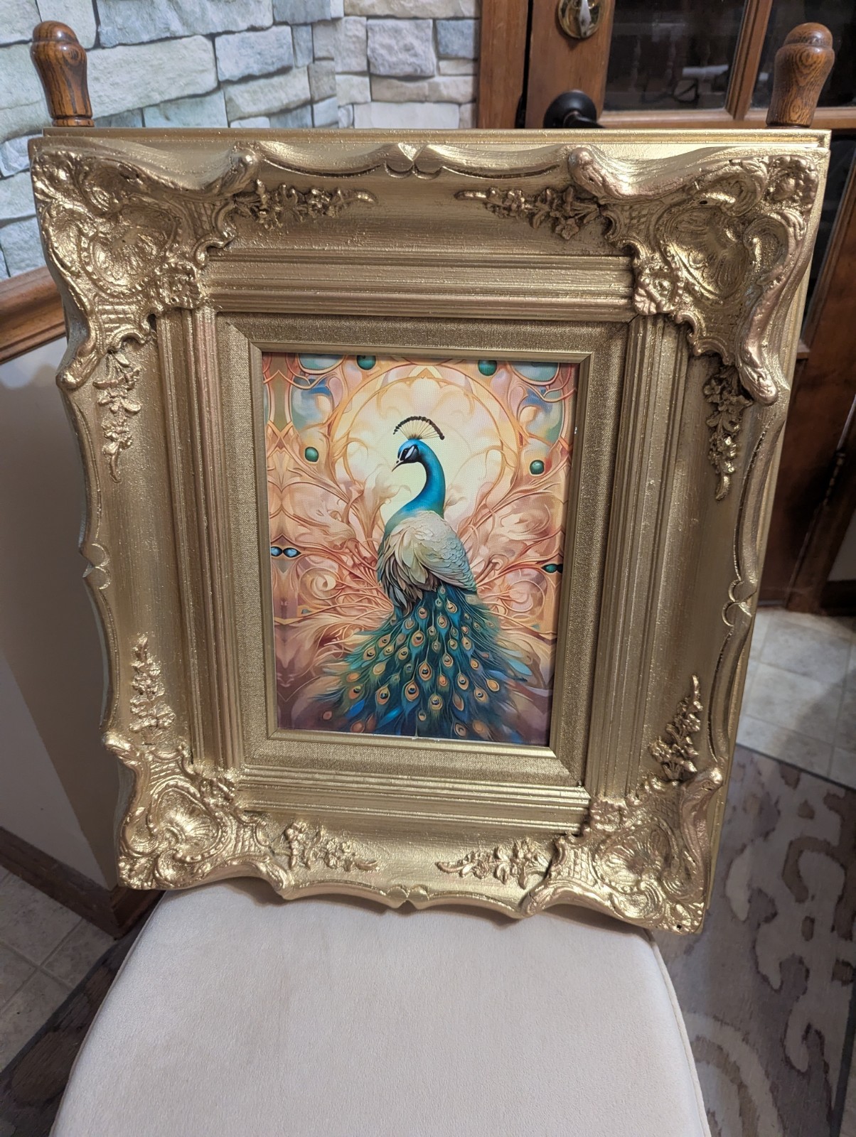 Ornate Gold Wood Frame with Peacock Print Wall Art