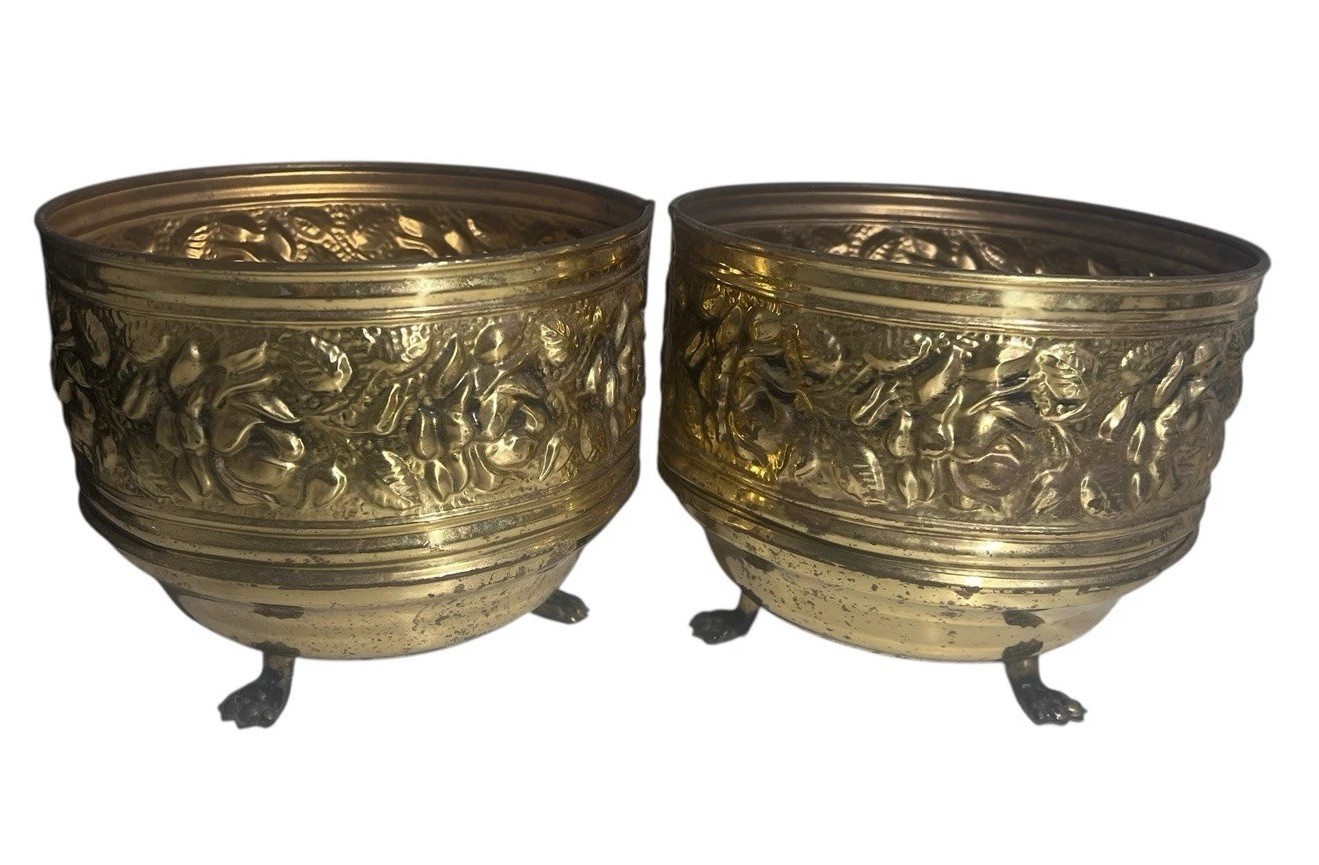 Vintage English Traditional Brass Floral Jardiniere Planter Lot 2 MCM 6.25Hx 8W