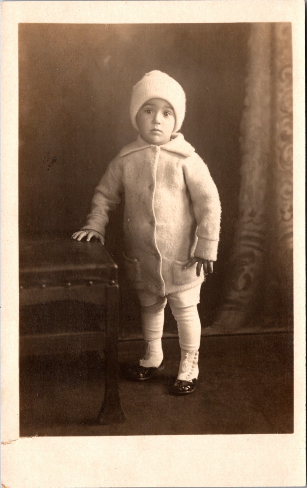 RPPC Edwardian Child Winter Coat Knit Cap Studio Portrait Aurora IL J.C. Jensen