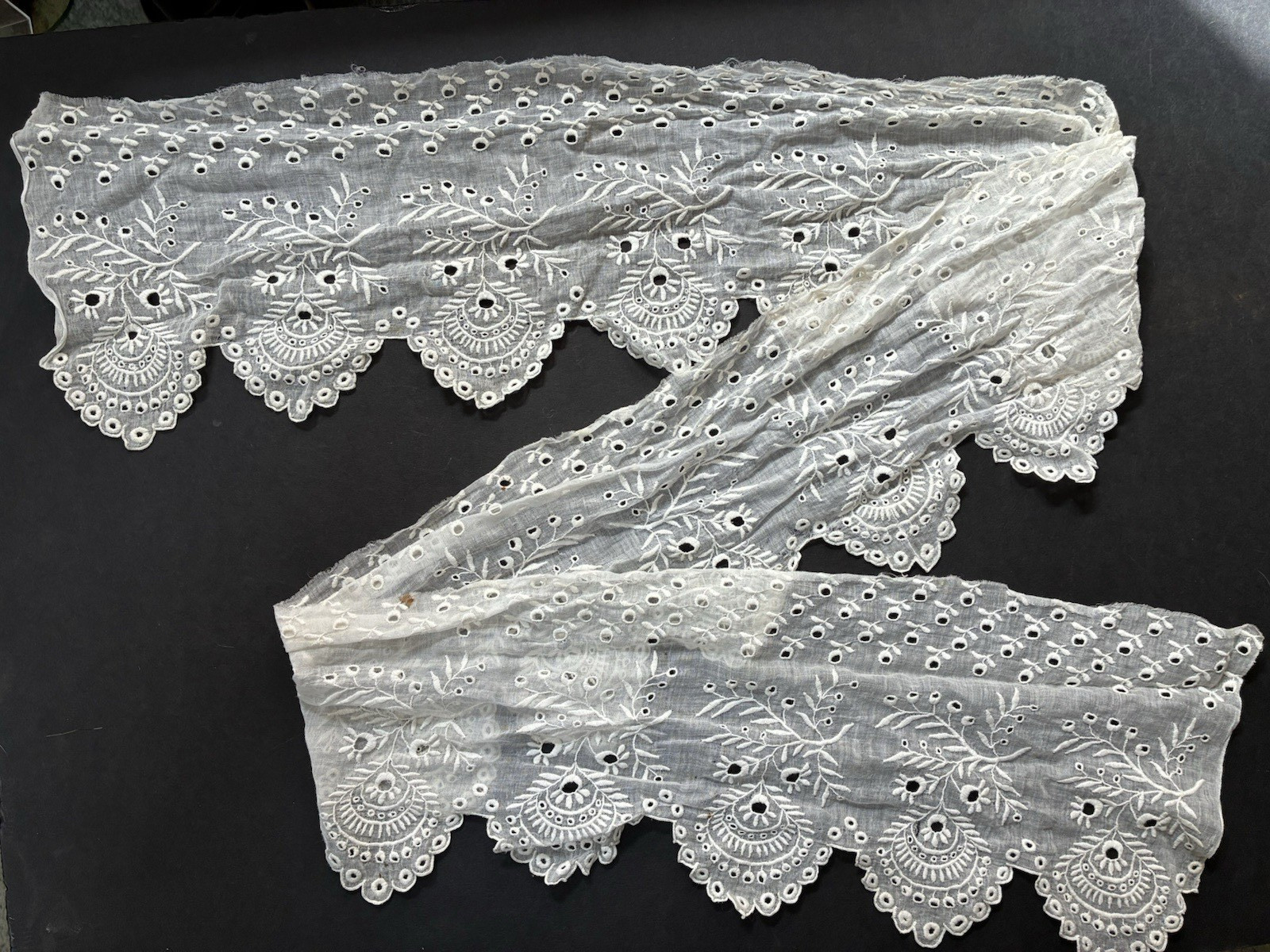 Antique Embroidered Cotton Trim w/ Floral Motifs & Eyelets, 63″ x 7″