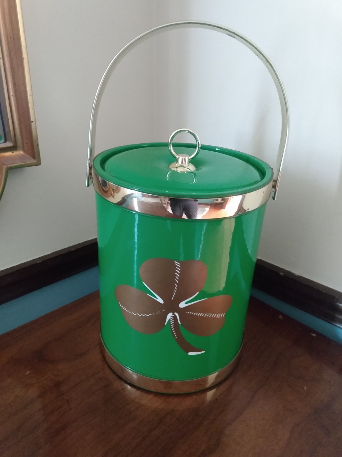 10″ Vintage MCM Mid Century Retro Barware Ice Bucket Shamrock Green Gold CLEAN