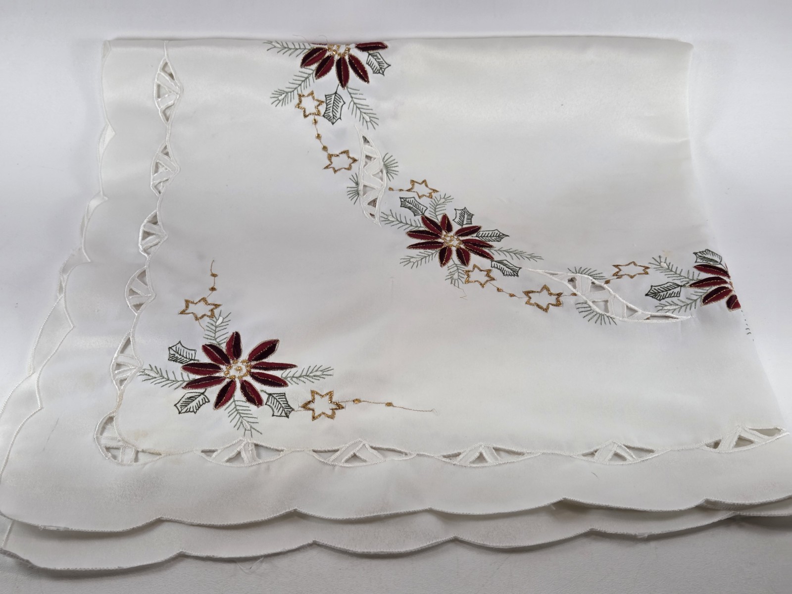 Christmas embroidered table linen, table topper, red poinsettia cutwork lace…