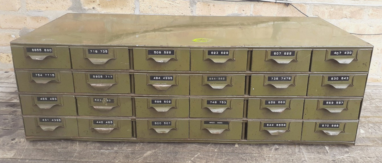 Vintage Lyons 24 Drawer Metal Parts Cabinet (17″ deep) label holders – USA