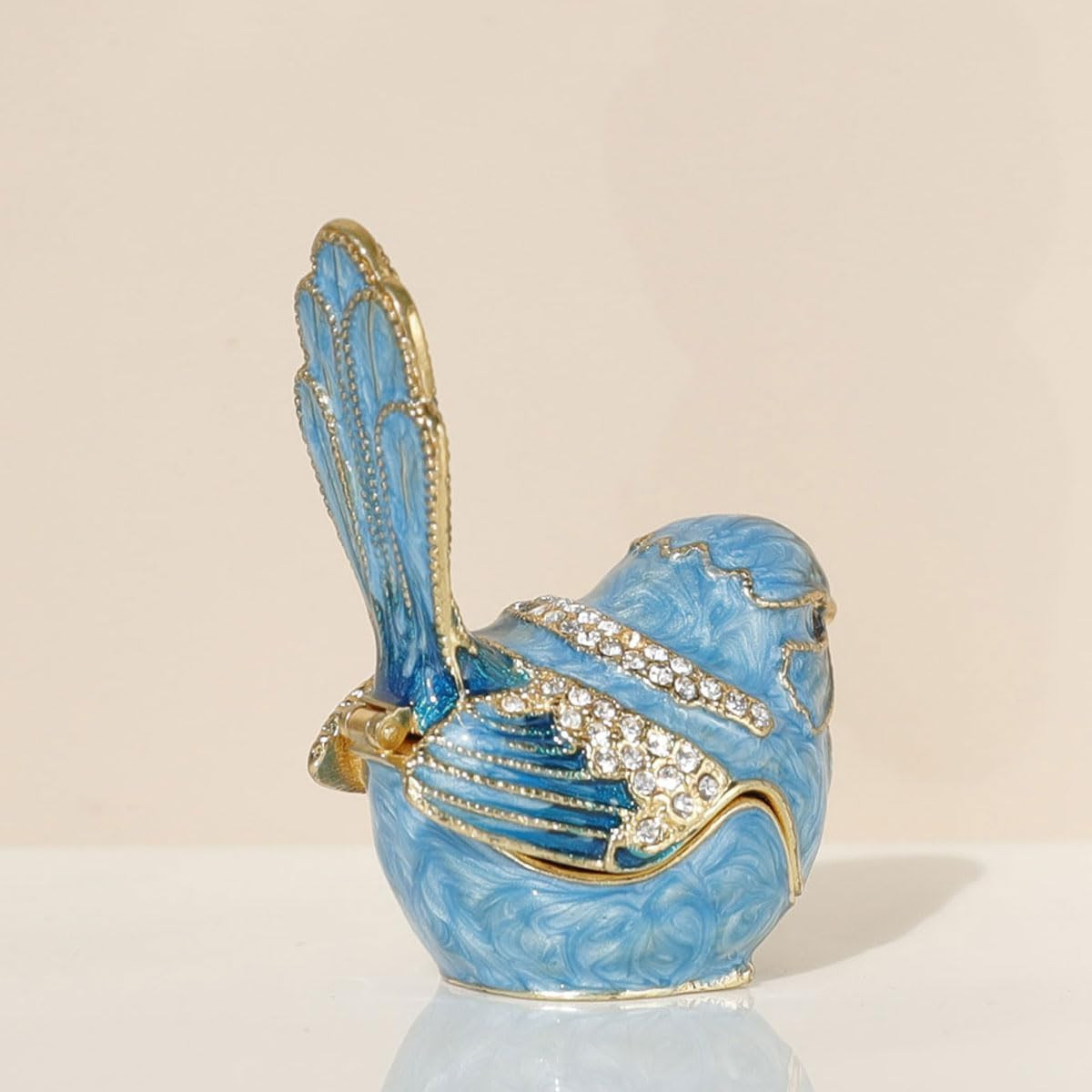 Exquisite Hand – Painted Enamel Blue Bird Trinket Box Hinged Rhinestone – Adorne