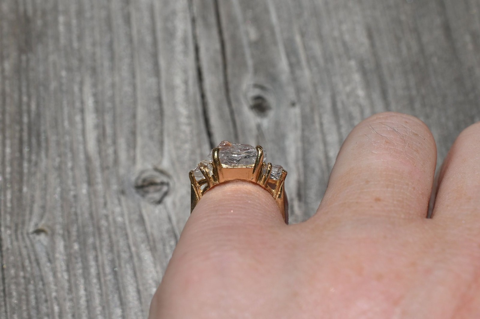Size 5 Gold Engagement Ring, 14k Solid Gold, Three Stone Wedding Ring Rough Diam