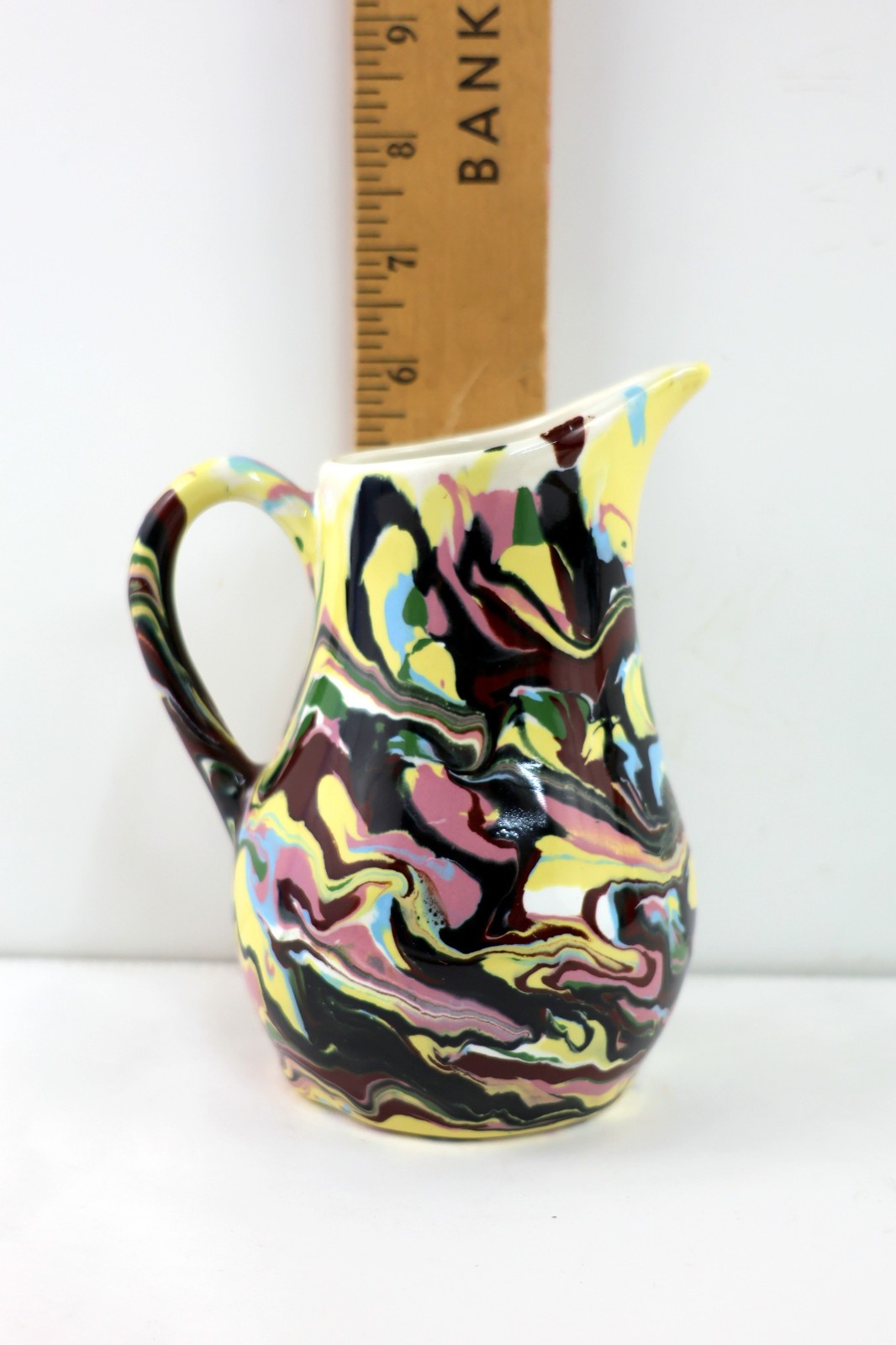 Glazed Pottery Pitcher Marbled Marbleized Mottled Yellow Pink Brown Blue