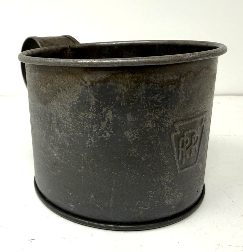 PRR marked tin drinking cup Pennsylvania Railroad uncleaned as found