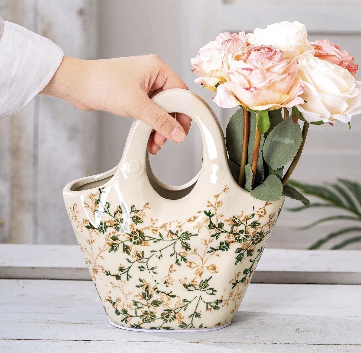 Ceramic Purse Vase for Flowers, Cute Handbag Vase, Vintage Green and Beige Fl…