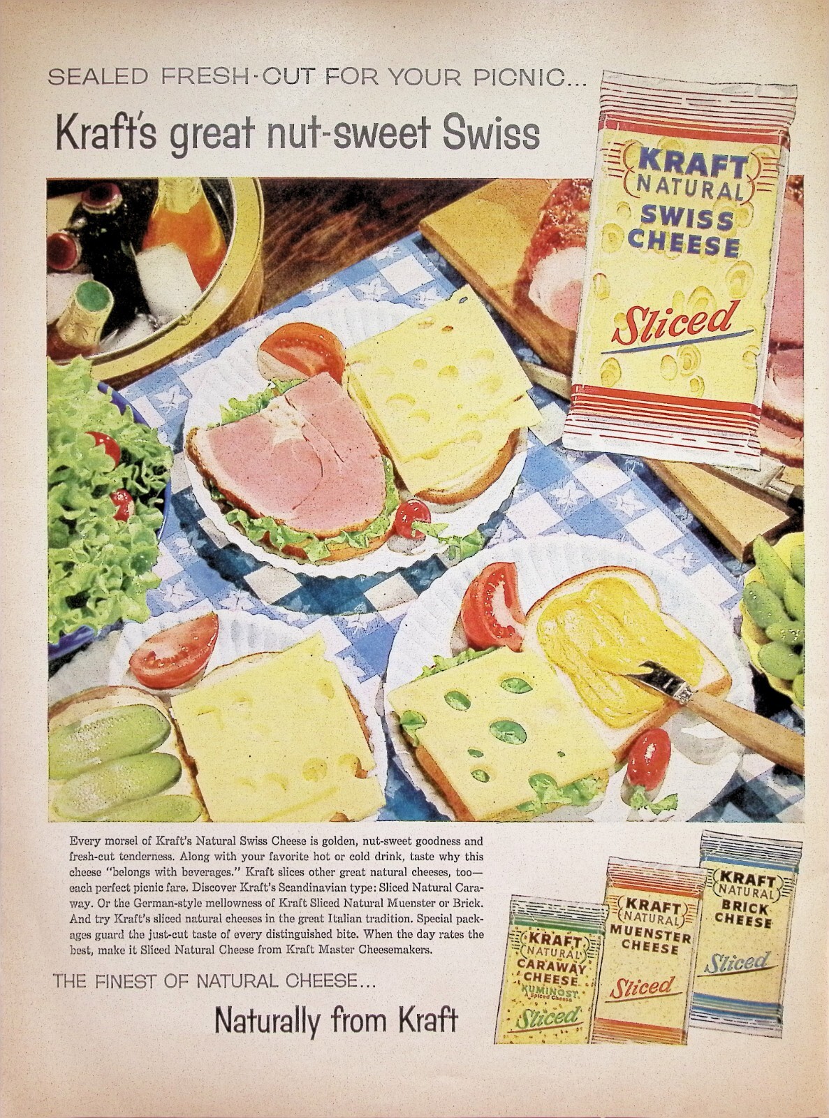 VINTAGE 1950s Print Ad ~ Kraft Nut-Sweet Swiss Cheese ~ Finest of Natural Cheese