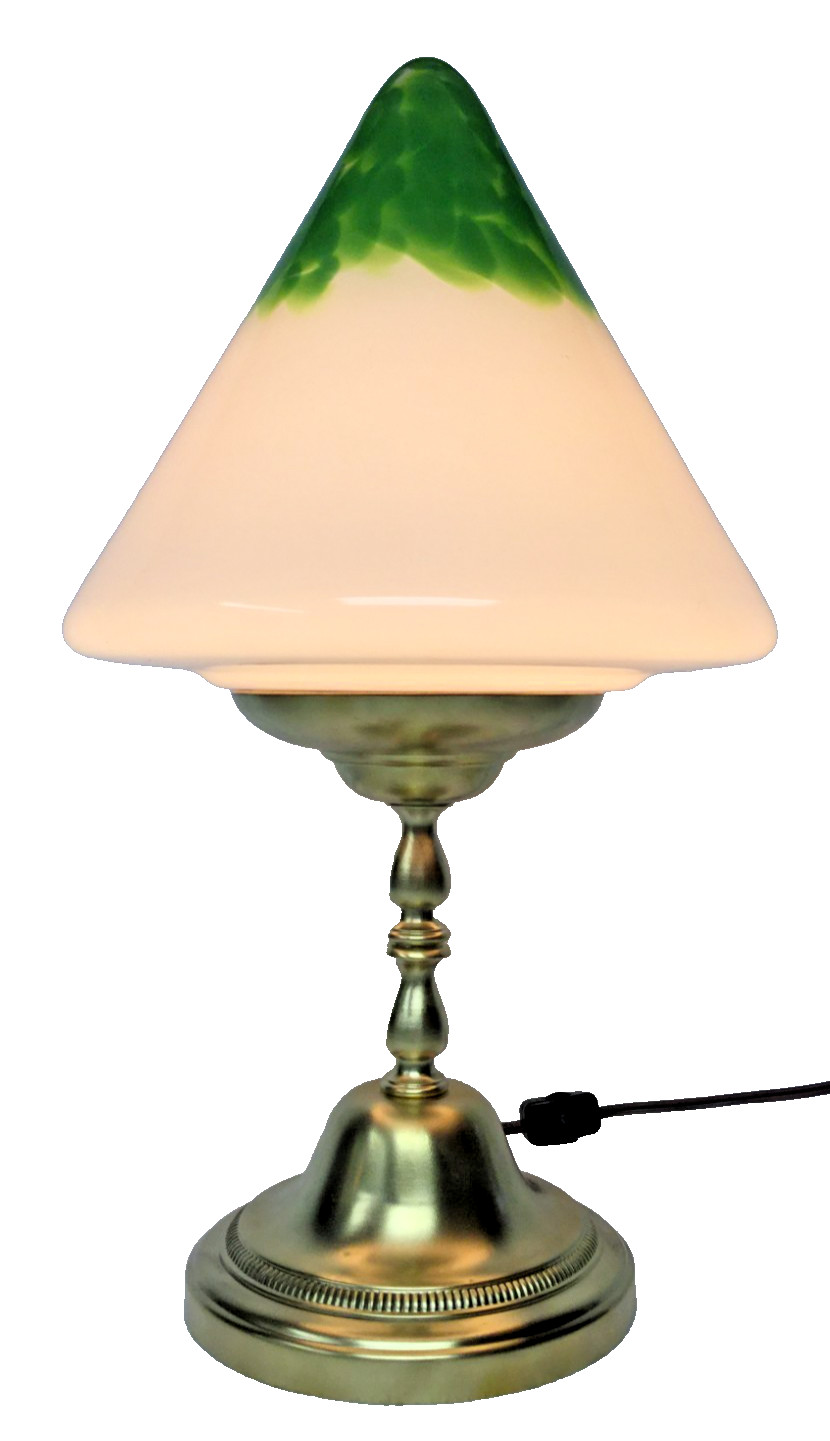 Brass Table Lamp Conical Milk Glass Shade Emerald Green Art Deco Modern Flare